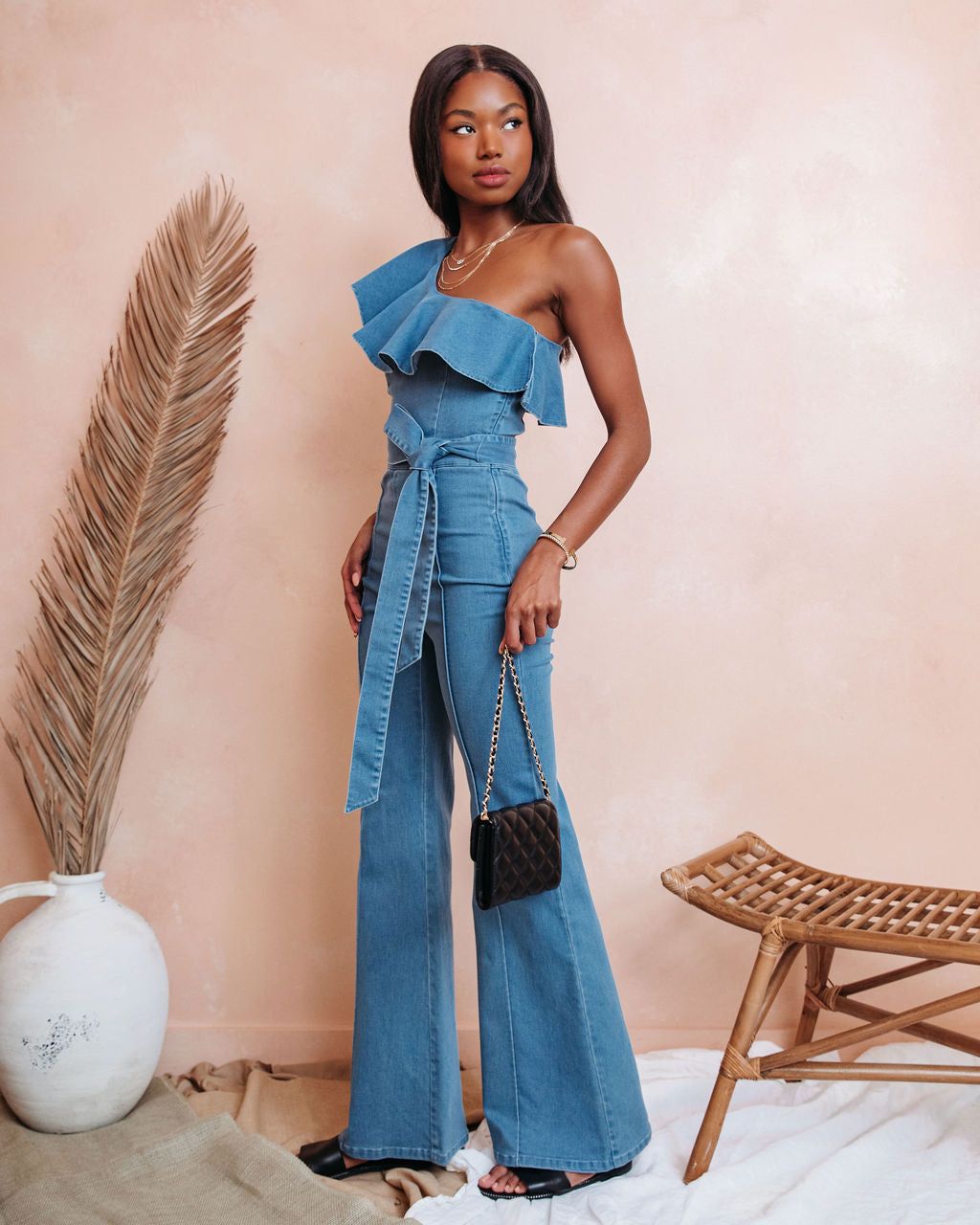 Cameran Cotton One Shoulder Flare Jumpsuit - Denim - FINAL SALE sold by Vici product image thumbnail 5