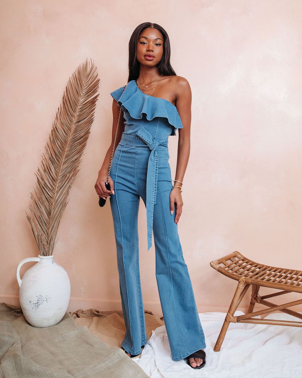 Cameran Cotton One Shoulder Flare Jumpsuit - Denim - FINAL SALE sold by Vici