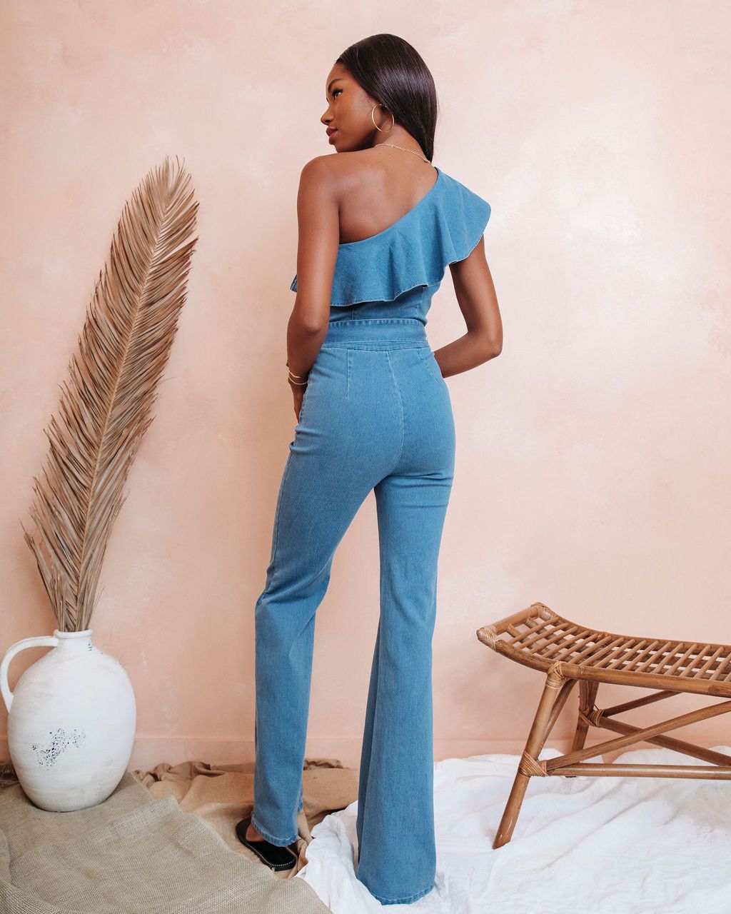 Cameran Cotton One Shoulder Flare Jumpsuit - Denim - FINAL SALE sold by Vici product image thumbnail 4