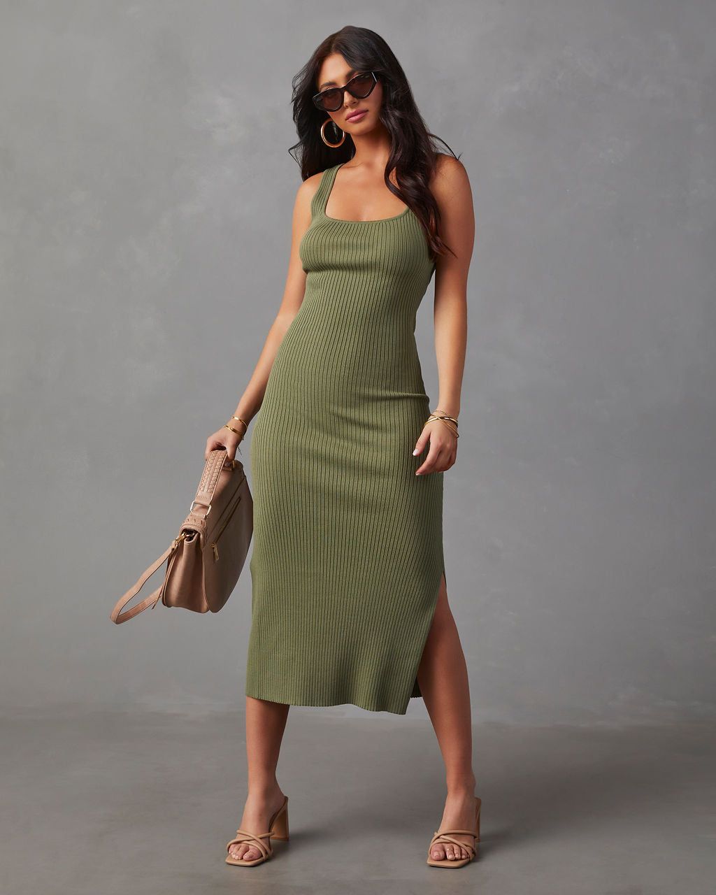 Roma Ribbed Knit Midi Dress - Olive sold by Vici product image thumbnail 6