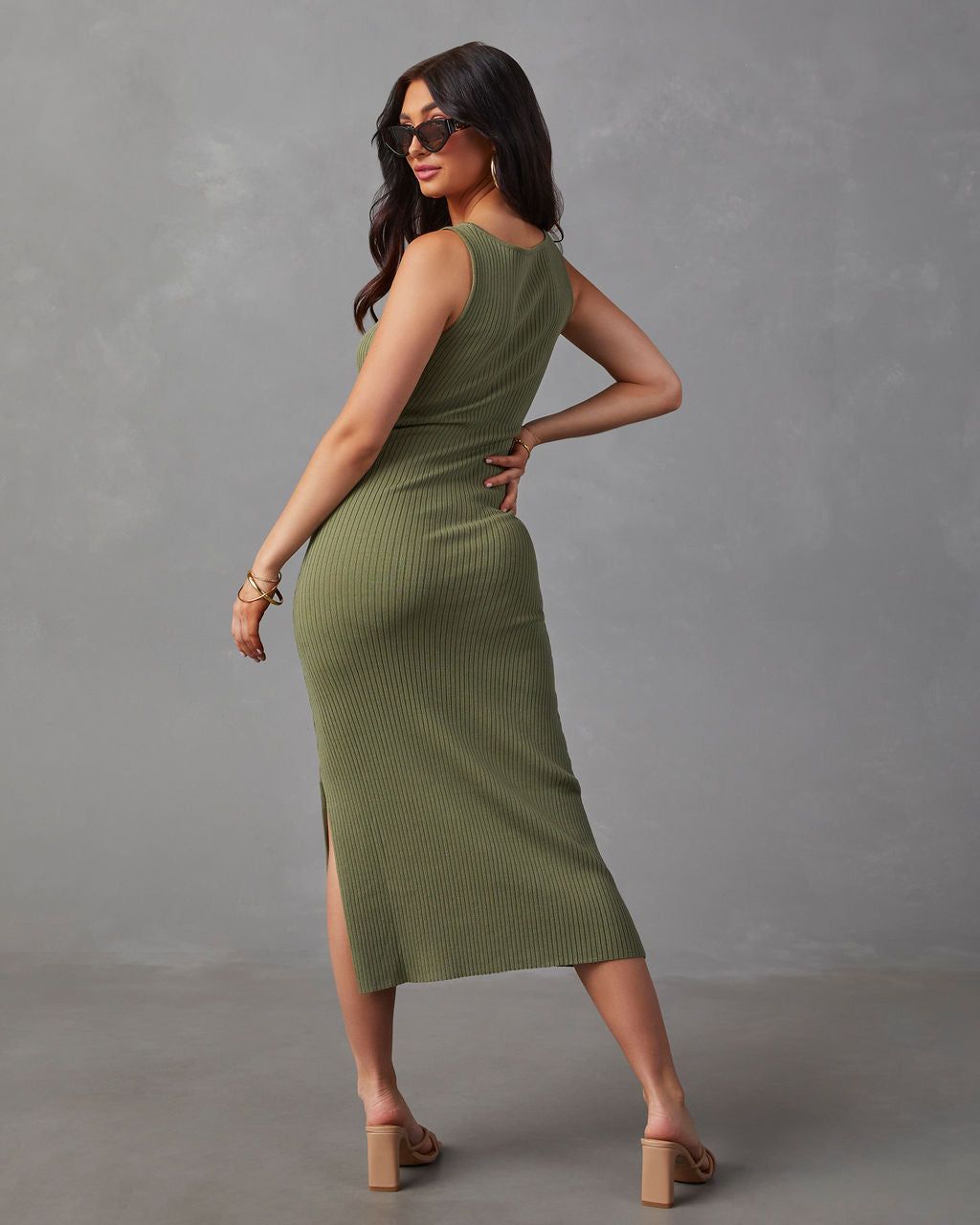 Roma Ribbed Knit Midi Dress - Olive sold by Vici product image thumbnail 4
