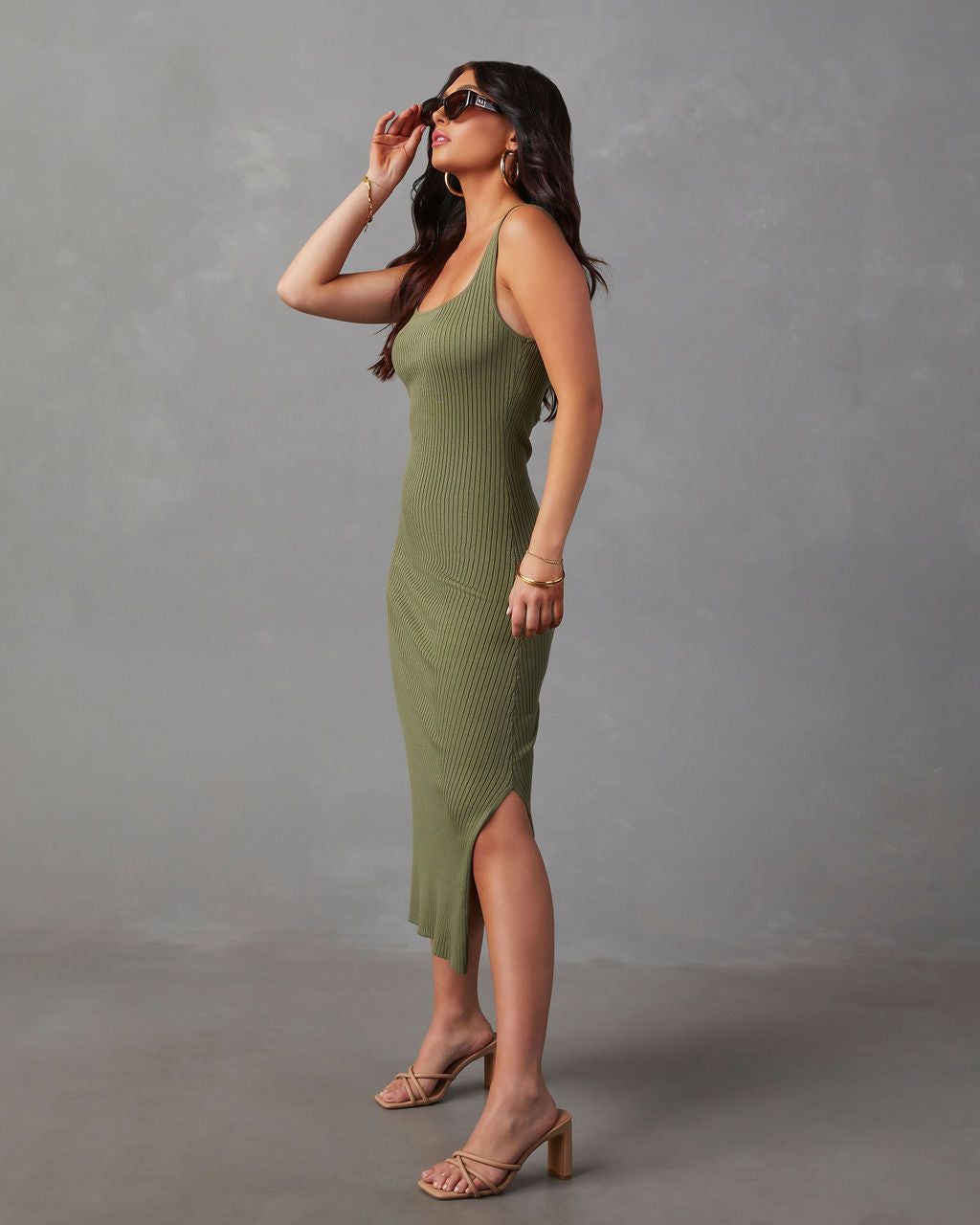 Roma Ribbed Knit Midi Dress - Olive sold by Vici product image thumbnail 3