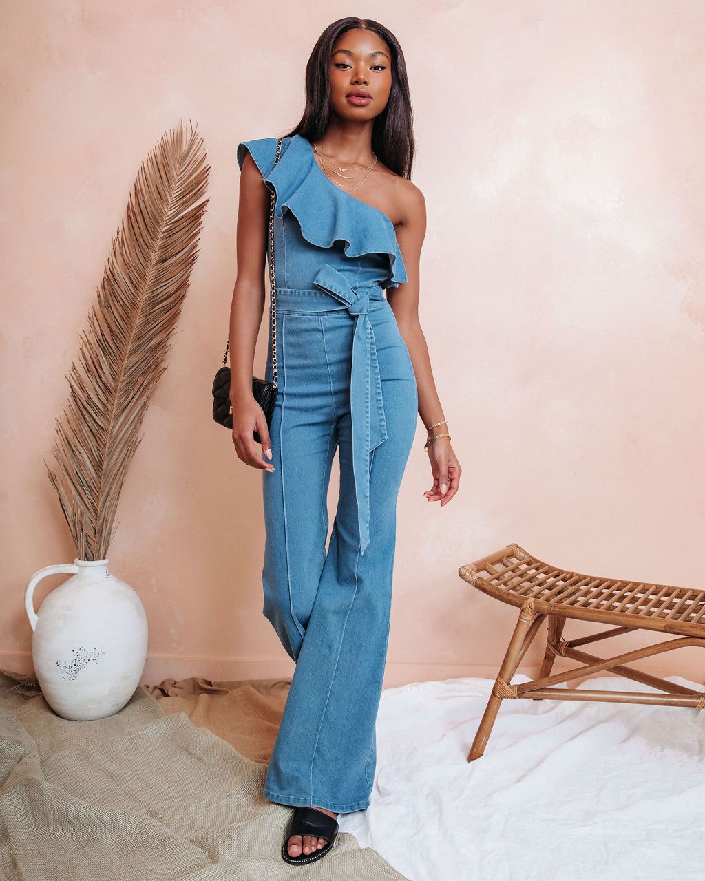 Cameran Cotton One Shoulder Flare Jumpsuit - Denim - FINAL