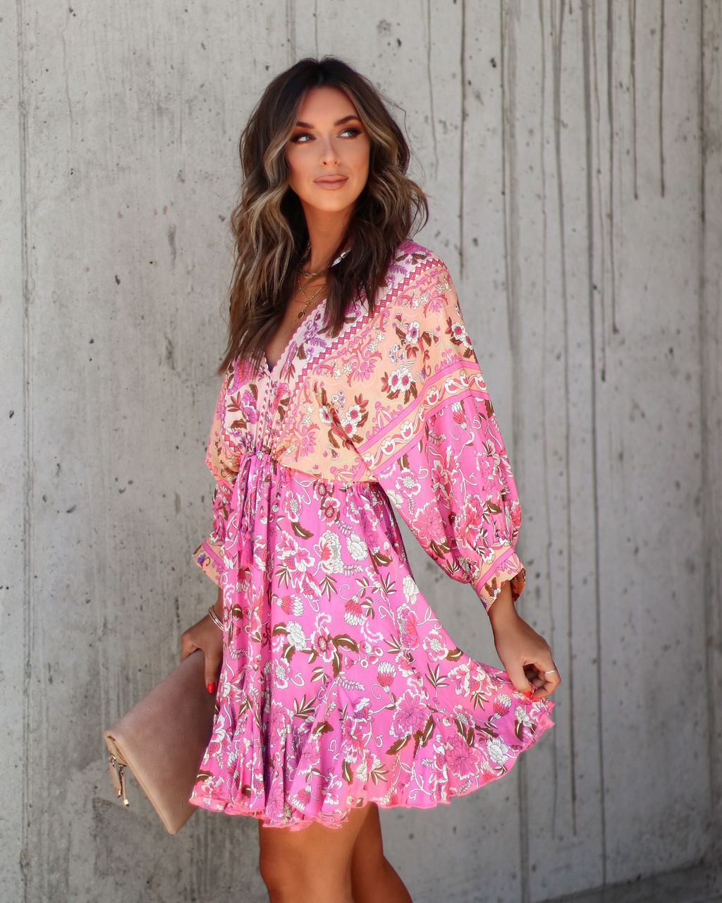 Skylar Floral Tassel Tie Mini Dress - Pink/Peach - FINAL SALE sold by Vici product image thumbnail 5