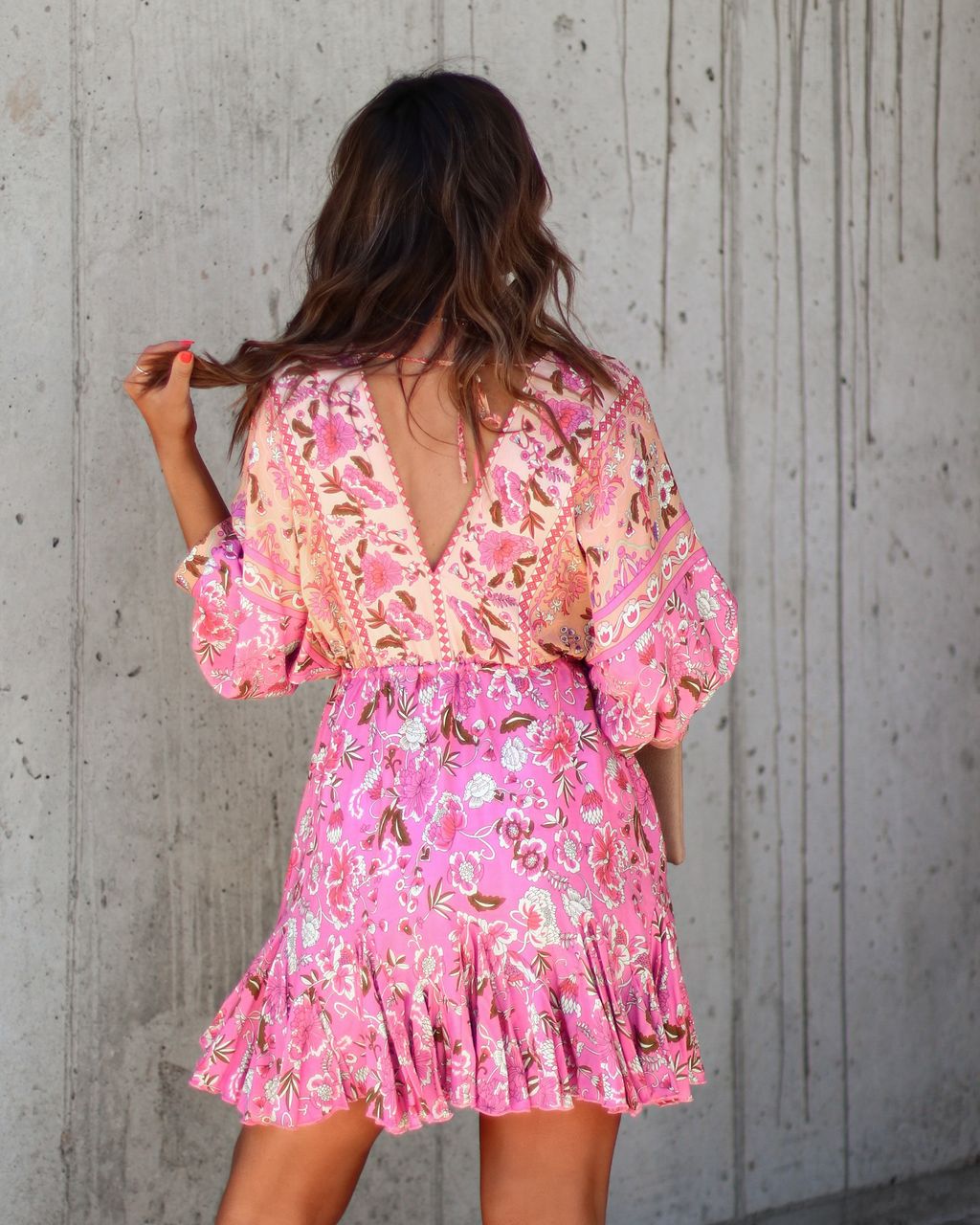 Skylar Floral Tassel Tie Mini Dress - Pink/Peach - FINAL SALE sold by Vici product image thumbnail 4