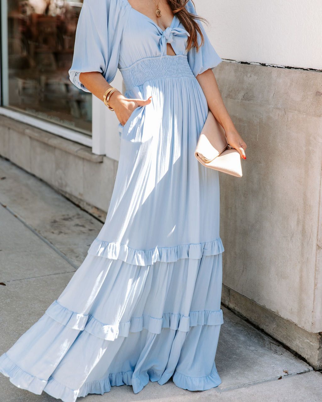 Adeline Pocketed Tie Front Tiered Maxi Dress - Blue - FINAL SALE sold by Vici product image thumbnail 3
