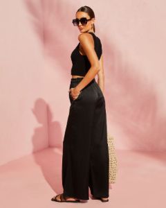Catarina Satin Drawstring Wide Leg Pants - Black - FINAL SALE sold by Vici