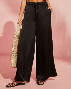 Catarina Satin Drawstring Wide Leg Pants - Black - FINAL SALE sold by Vici
