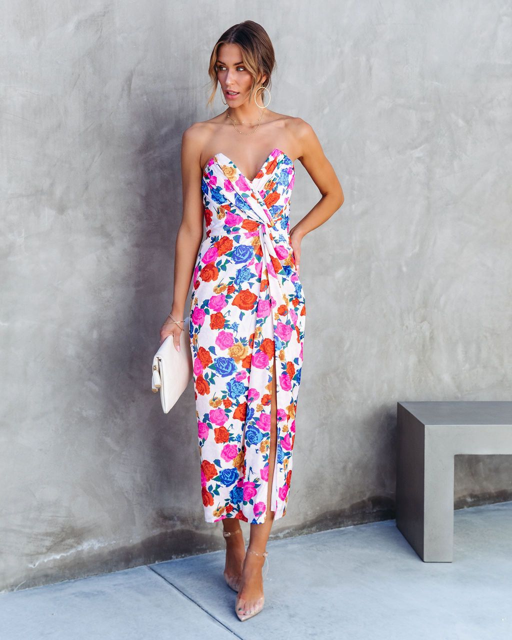 Lovestruck Satin Strapless Floral Midi Dress sold by Vici