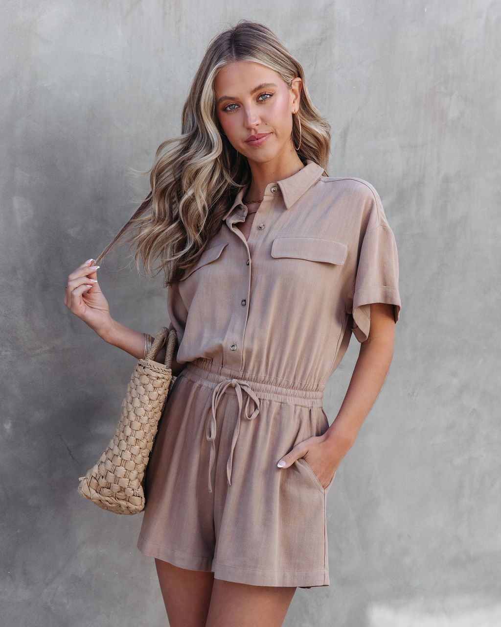 Always Jet Setting Pocketed Drawstring Romper - Mocha - FINAL SALE sold by Vici product image thumbnail 6