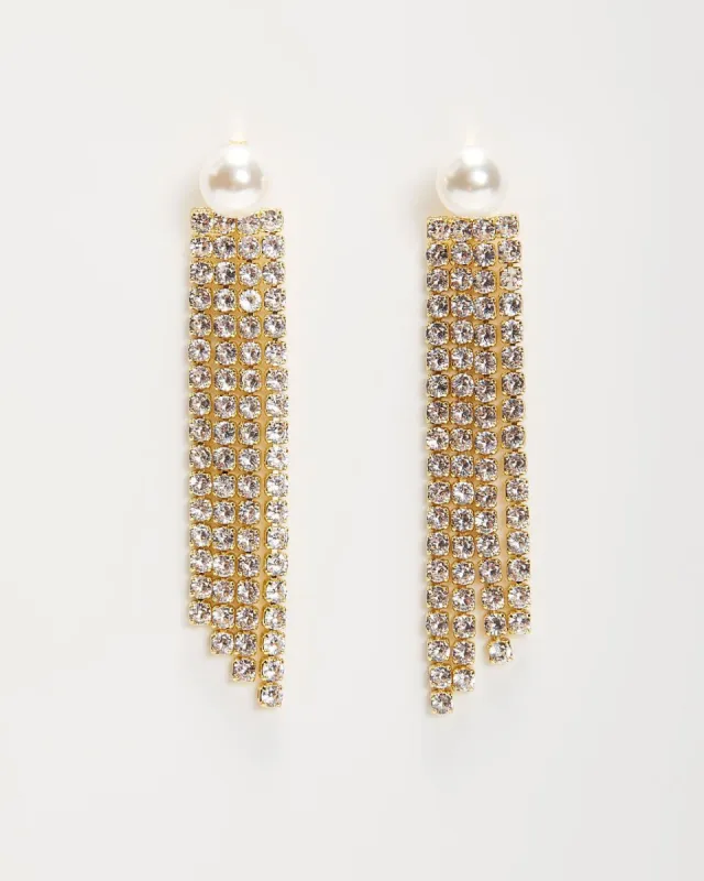Pearl Party Rhinestone Drop Tassel Earrings sold by Vici