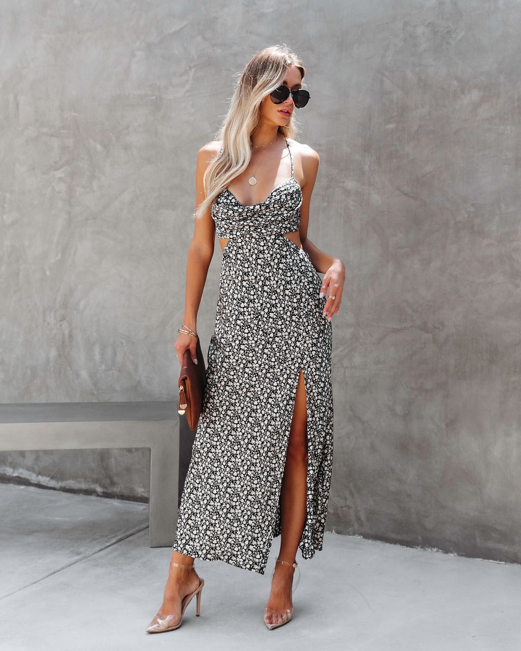 Strut Girl Satin Floral Cutout Maxi Dress sold by Vici