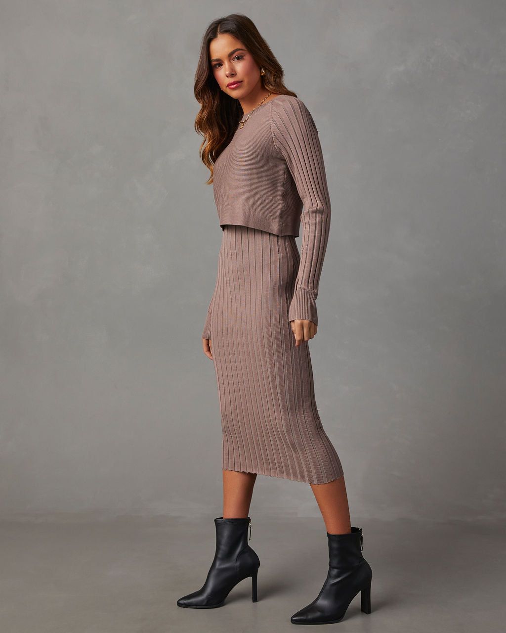 Full Of Surprises Ribbed Knit Midi Dress - Taupe sold by Vici product image thumbnail 3