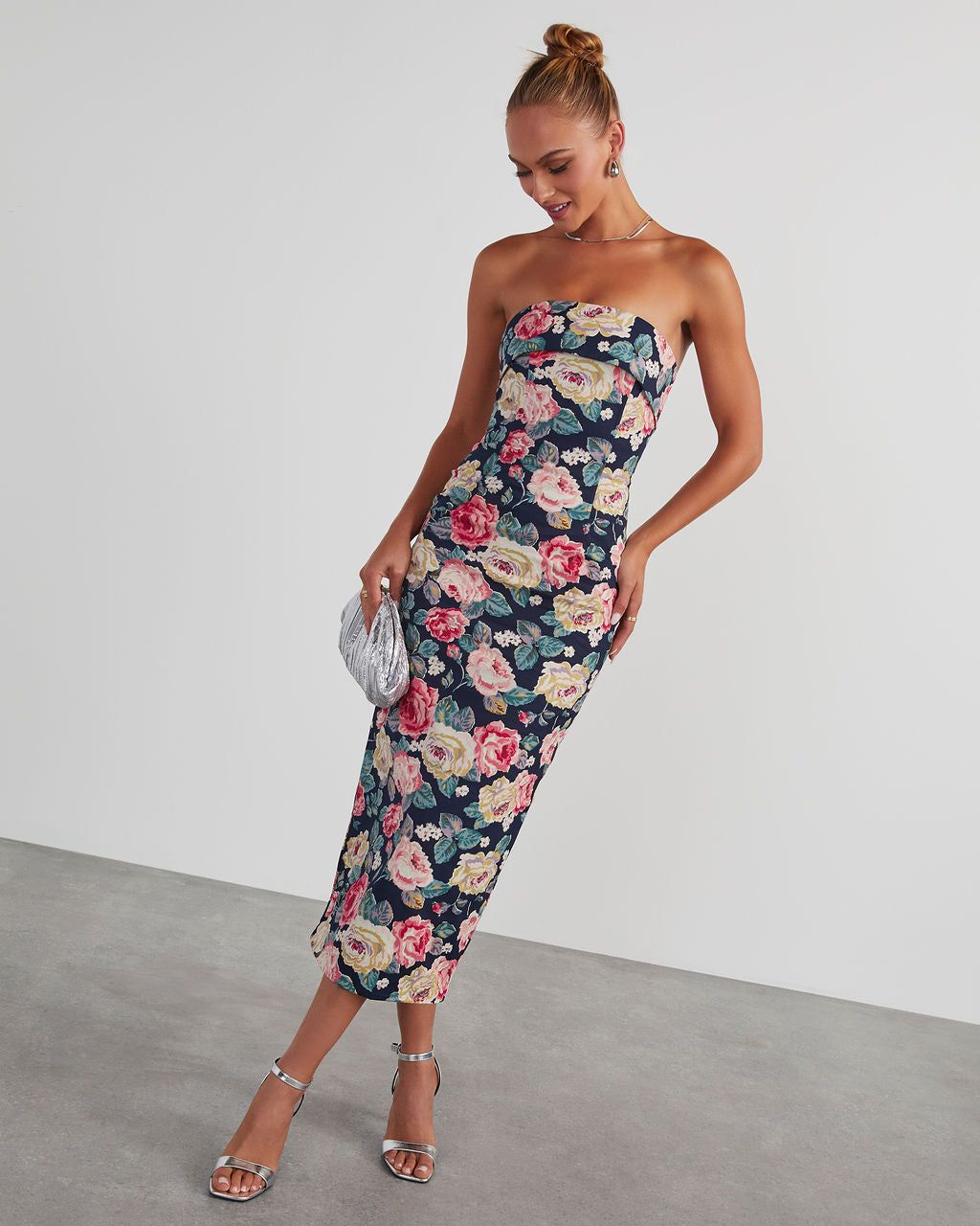 RSVP Yes Strapless Floral Midi Dress - Navy sold by Vici