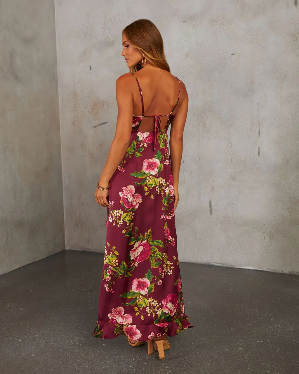Capriccio Satin Floral Ruffle Maxi Dress sold by Vici product image thumbnail 4