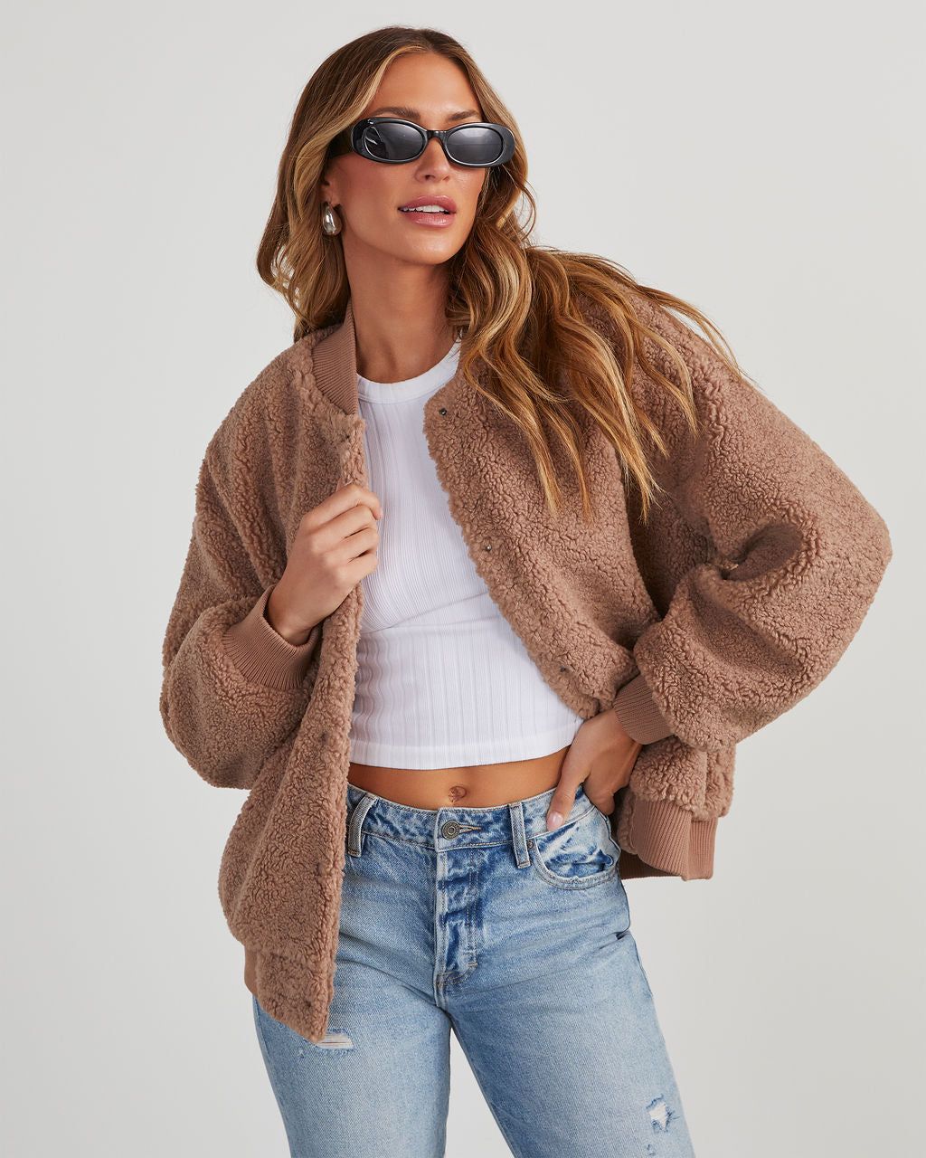 Jayne Sherpa Bomber Jacket - Taupe sold by Vici