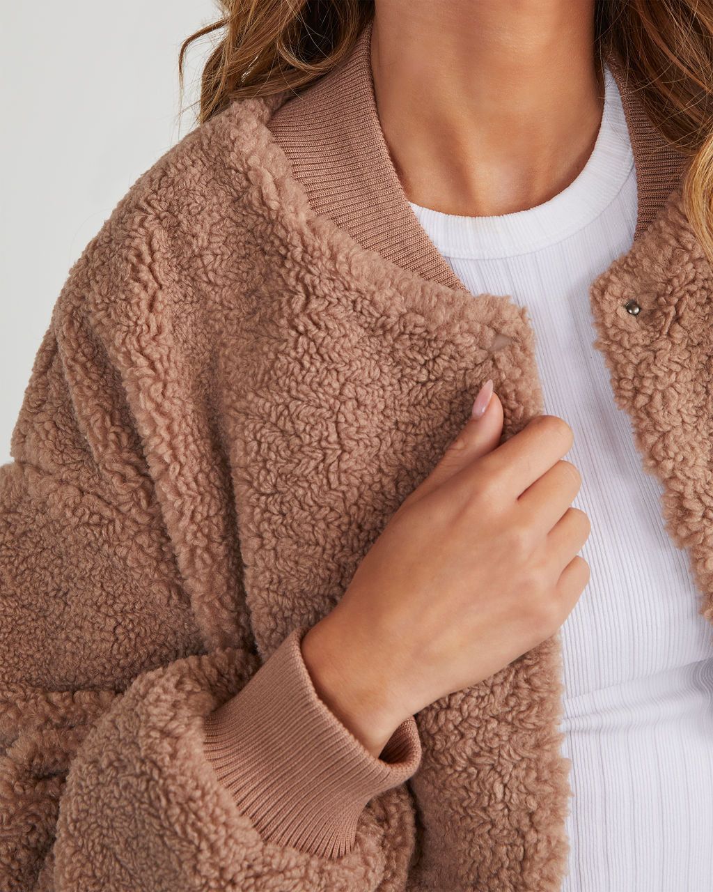 Jayne Sherpa Bomber Jacket - Taupe sold by Vici product image thumbnail 5