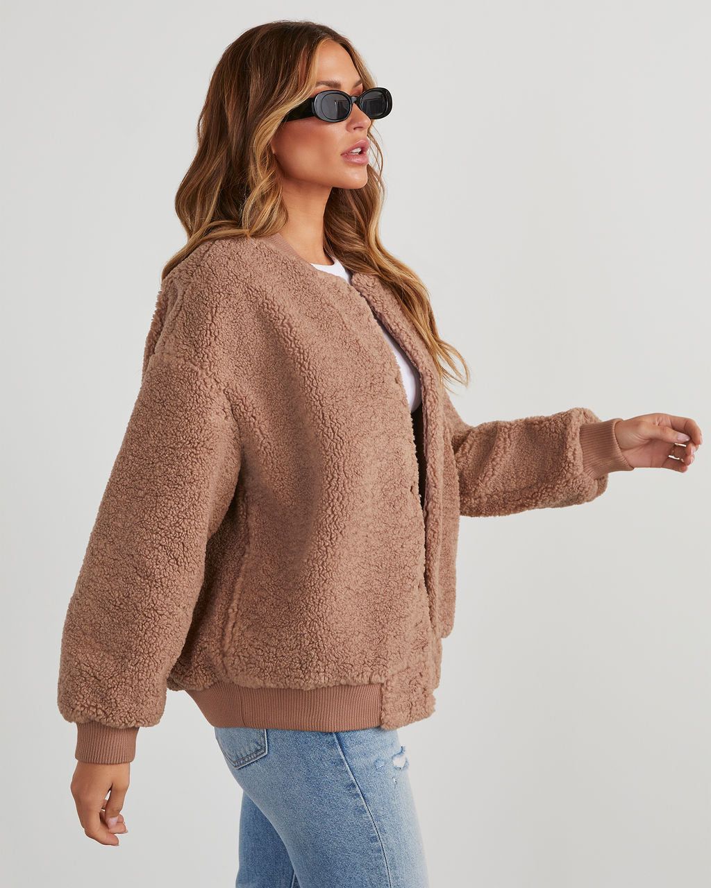 Jayne Sherpa Bomber Jacket - Taupe sold by Vici product image thumbnail 3