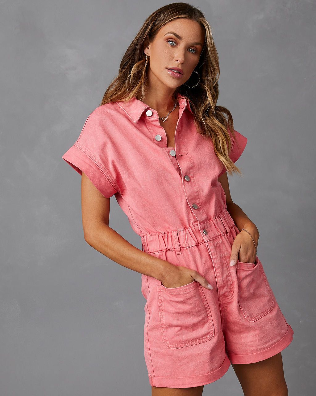 Maritza Denim Romper - Pink - FINAL SALE sold by Vici