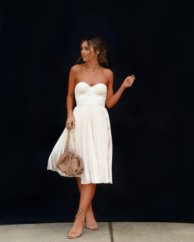 Main Character Satin Pleated Strapless Midi Dress - Champagne - FINAL SALE sold by Vici