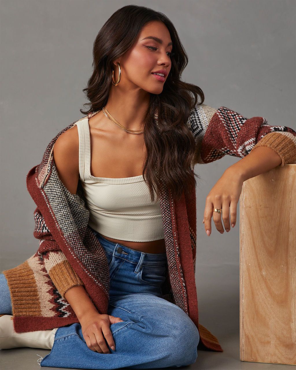 Kettle Printed Hooded Open Front Cardigan - Rust/Multi sold by Vici product image thumbnail 3