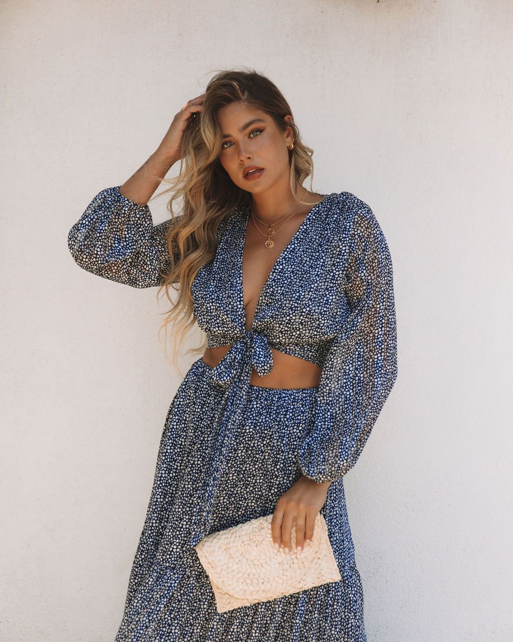 Scenery Printed Tie Front Crop Blouse - Navy - FINAL SALE sold by Vici