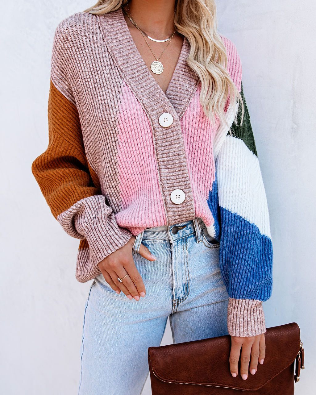 Glee Button Front Colorblock Cardigan - Pink Multi sold by Vici product image thumbnail 8