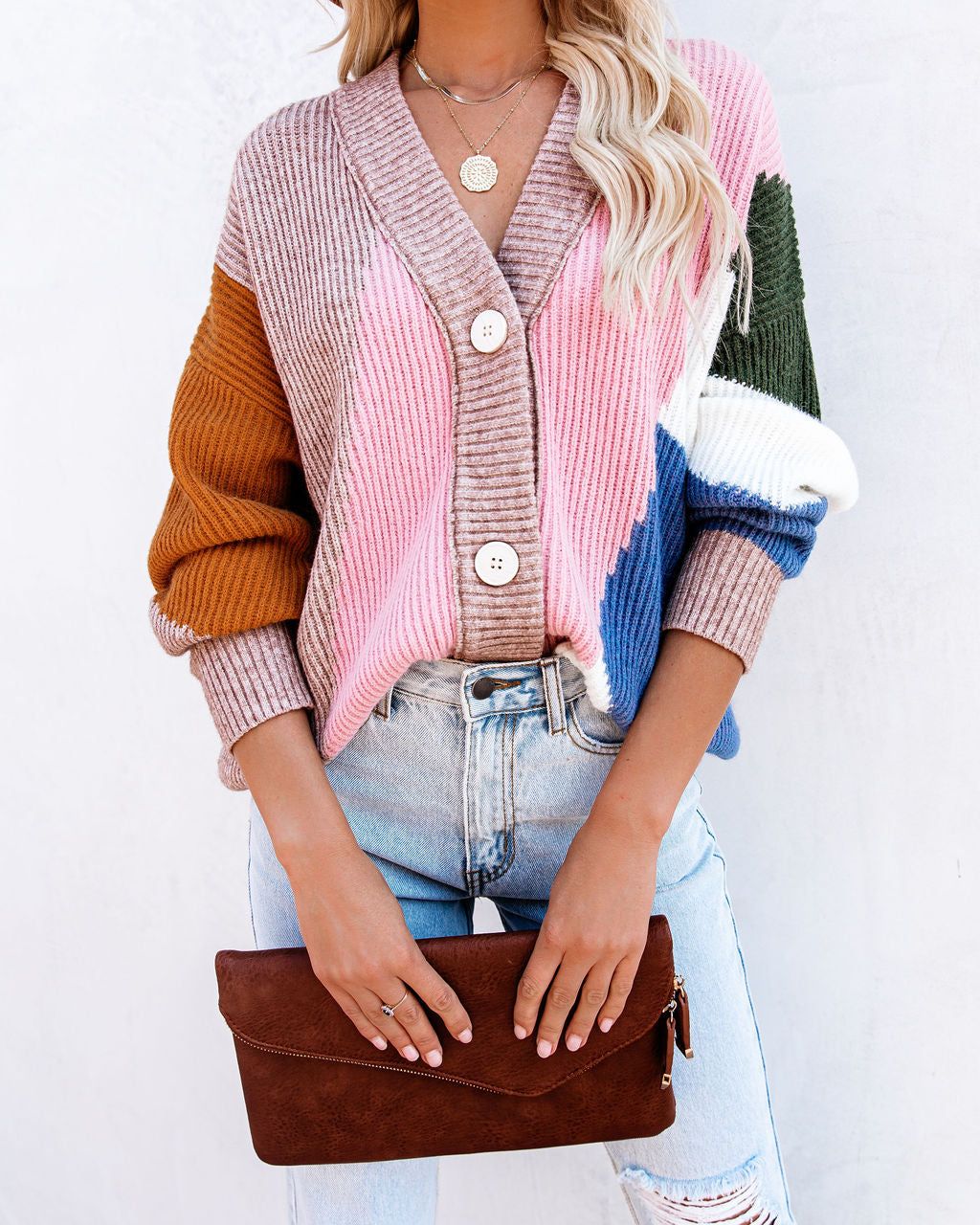 Glee Button Front Colorblock Cardigan - Pink Multi sold by Vici product image thumbnail 6