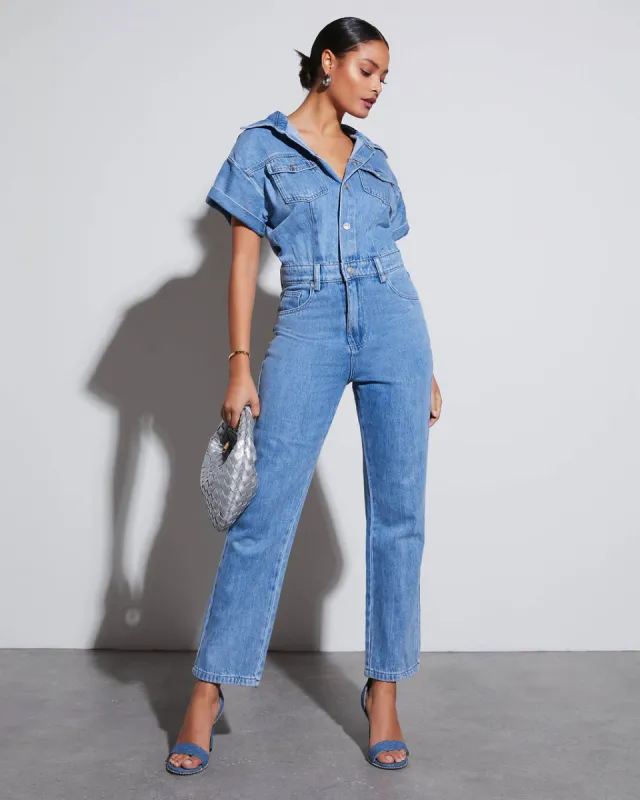Lorna Denim Bootcut Jumpsuit sold by Vici