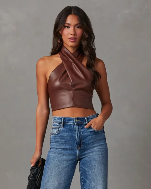 Kesha Faux Leather Halter Crop Top sold by Vici