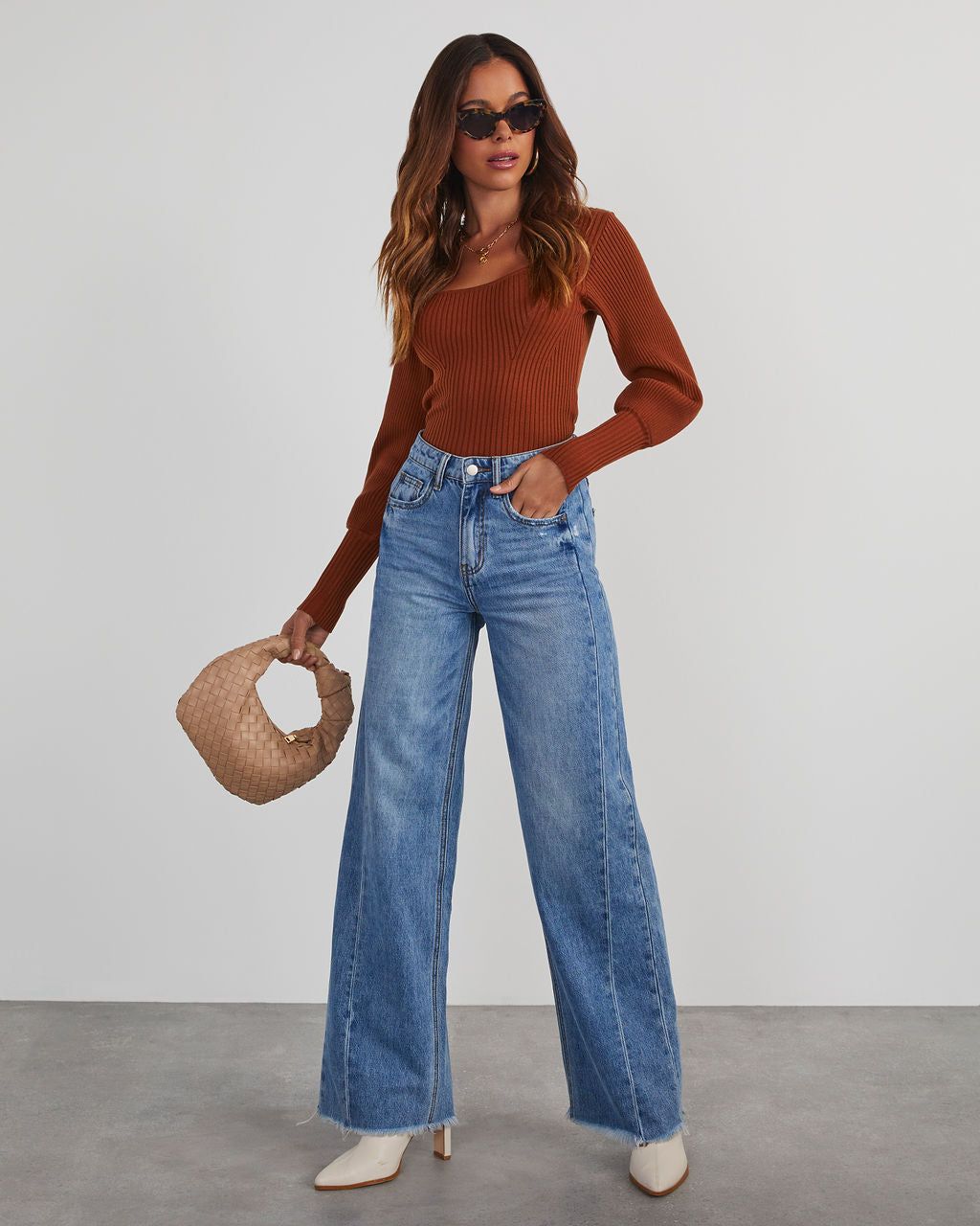 Keller Balloon Sleeve Ribbed Sweater - Brown sold by Vici