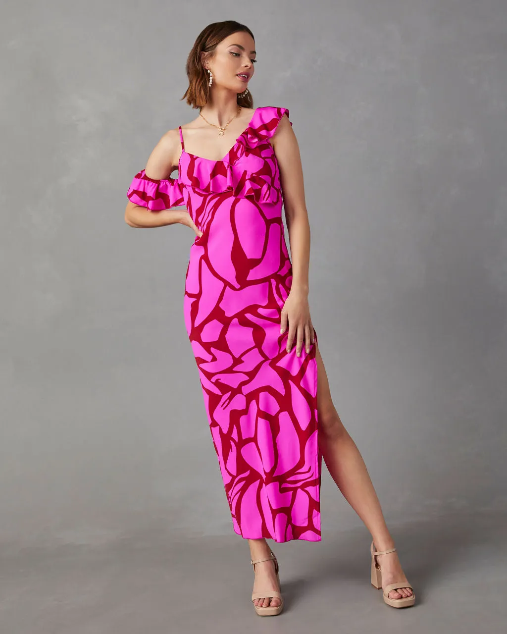 Tallula One Shoulder Ruffled Maxi Dress sold by Vici