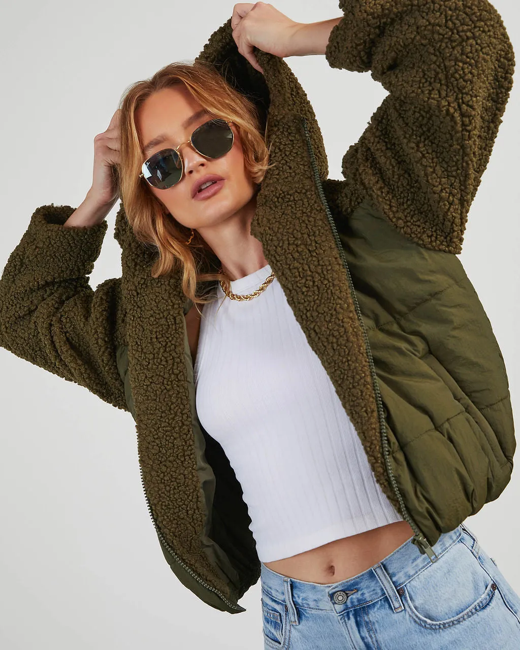 Cabin Vibes Sherpa Contrast Puffer Jacket sold by Vici