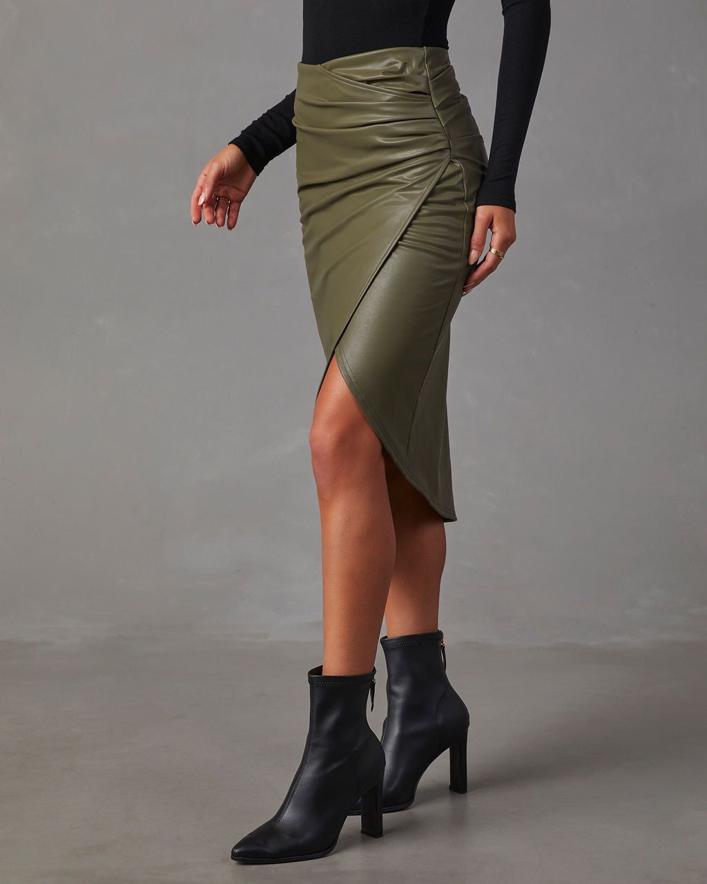 Roxi Faux Leather Ruched Midi Skirt - Olive sold by Vici product image thumbnail 3