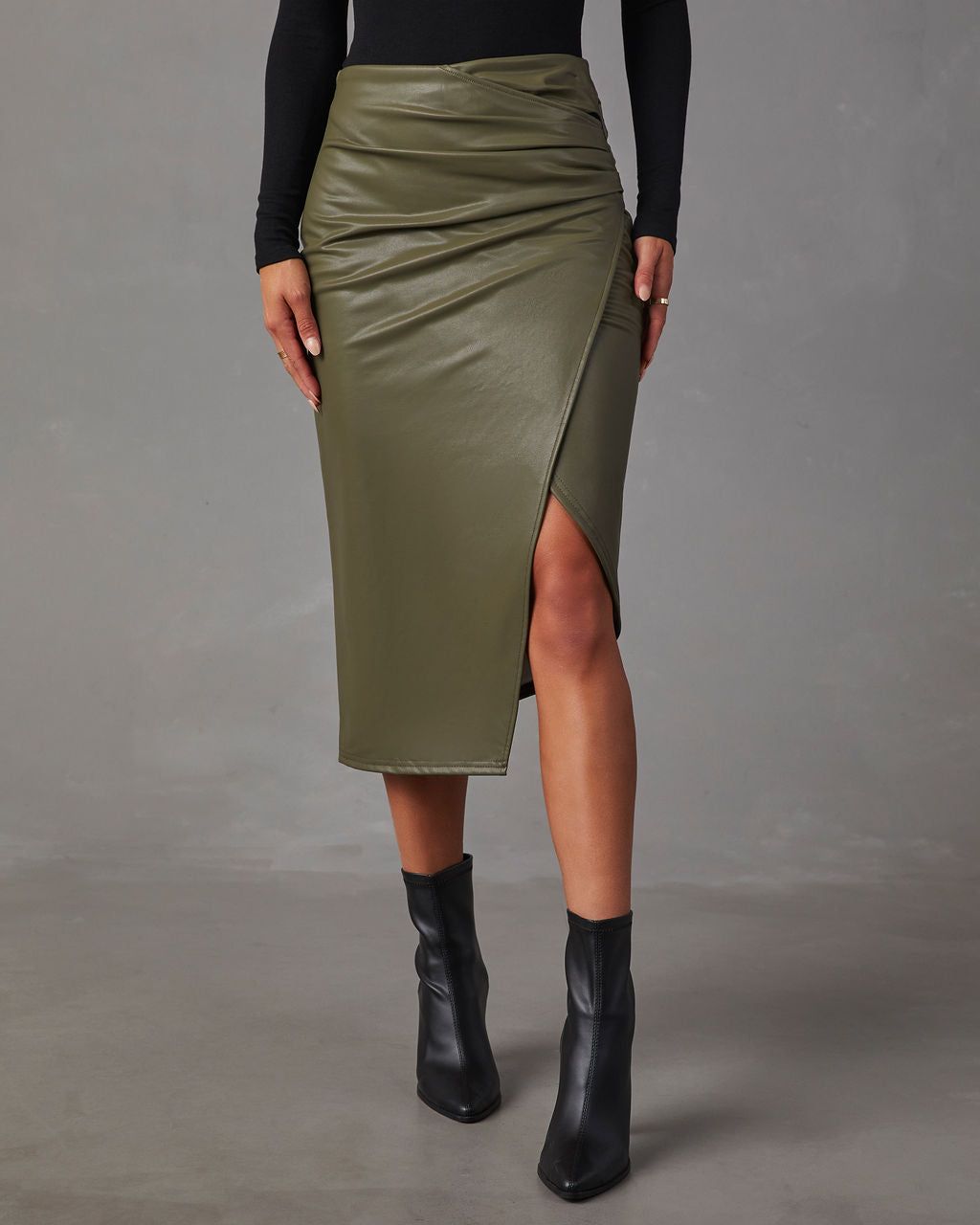 Roxi Faux Leather Ruched Midi Skirt - Olive sold by Vici product image thumbnail 5