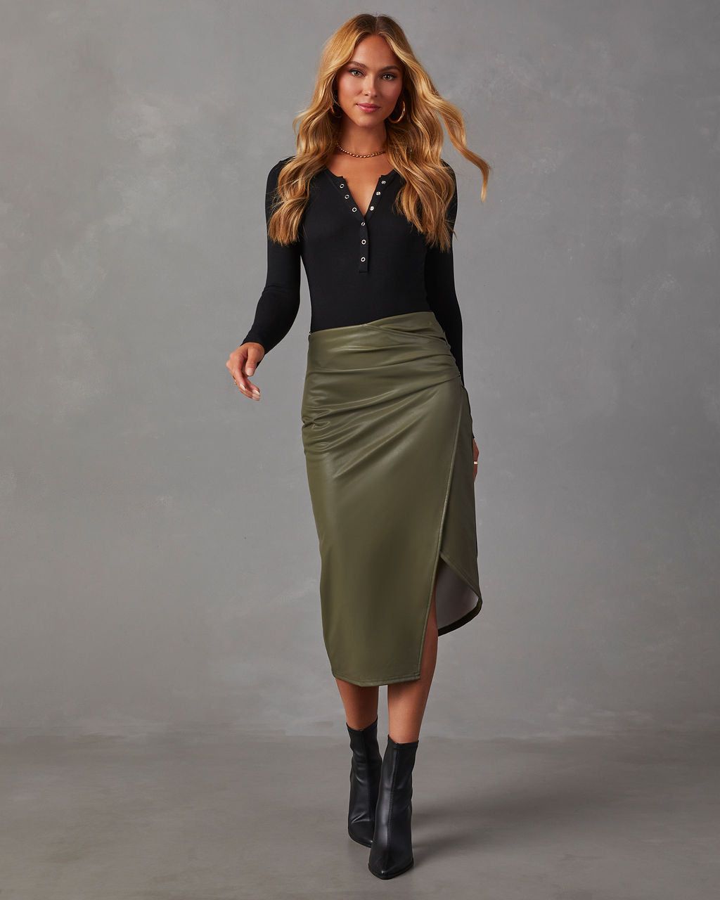 Roxi Faux Leather Ruched Midi Skirt - Olive sold by Vici product image thumbnail 6