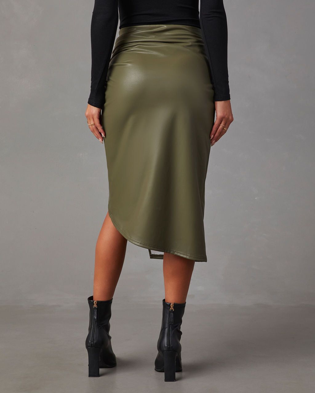 Roxi Faux Leather Ruched Midi Skirt - Olive sold by Vici product image thumbnail 4