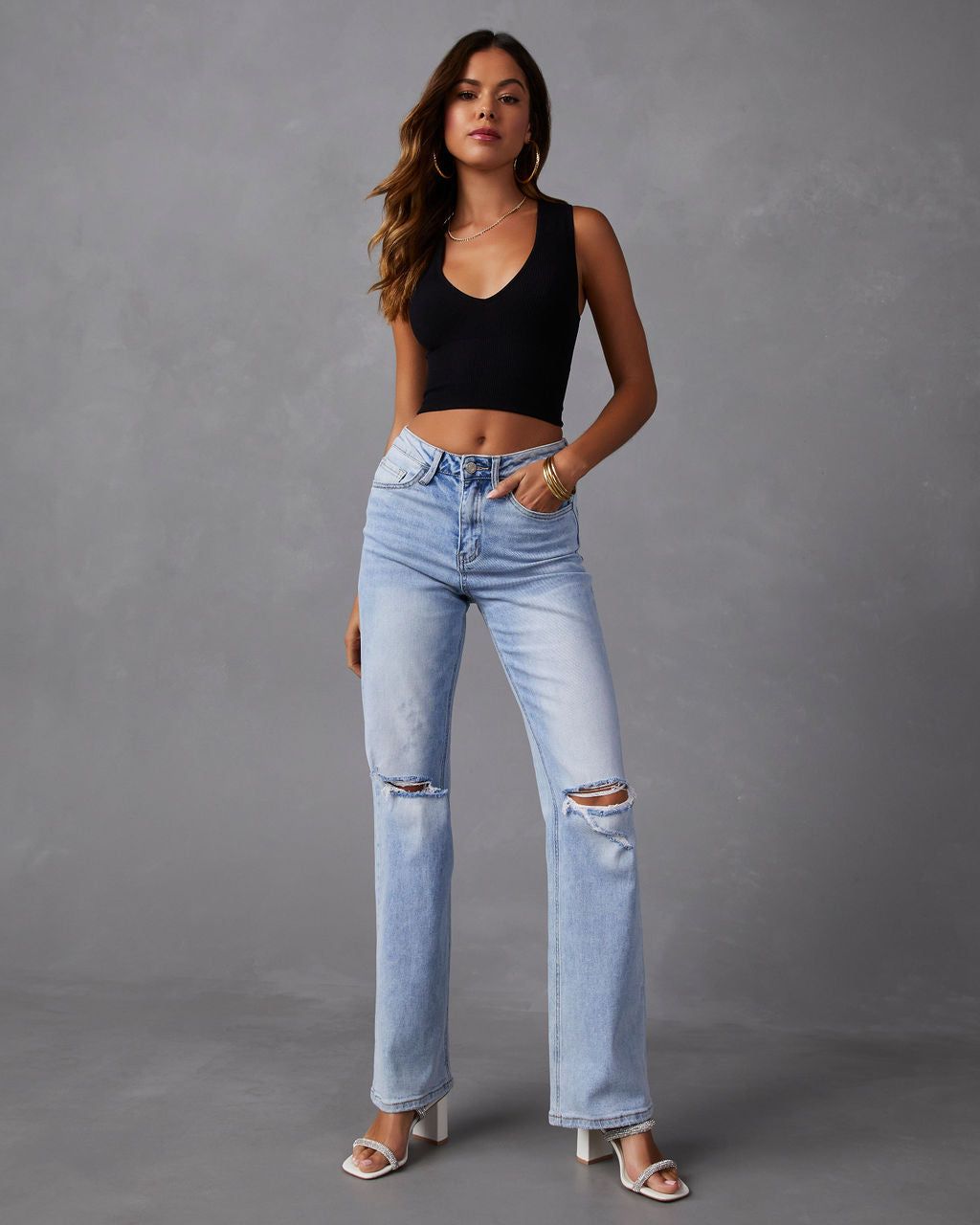 Marlina Distressed High Rise Wide Leg Jeans sold by Vici