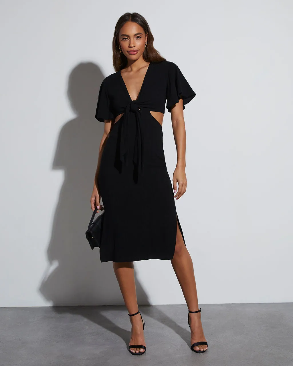 Jenner Linen Blend Tie Front Cutout Midi Dress sold by Vici