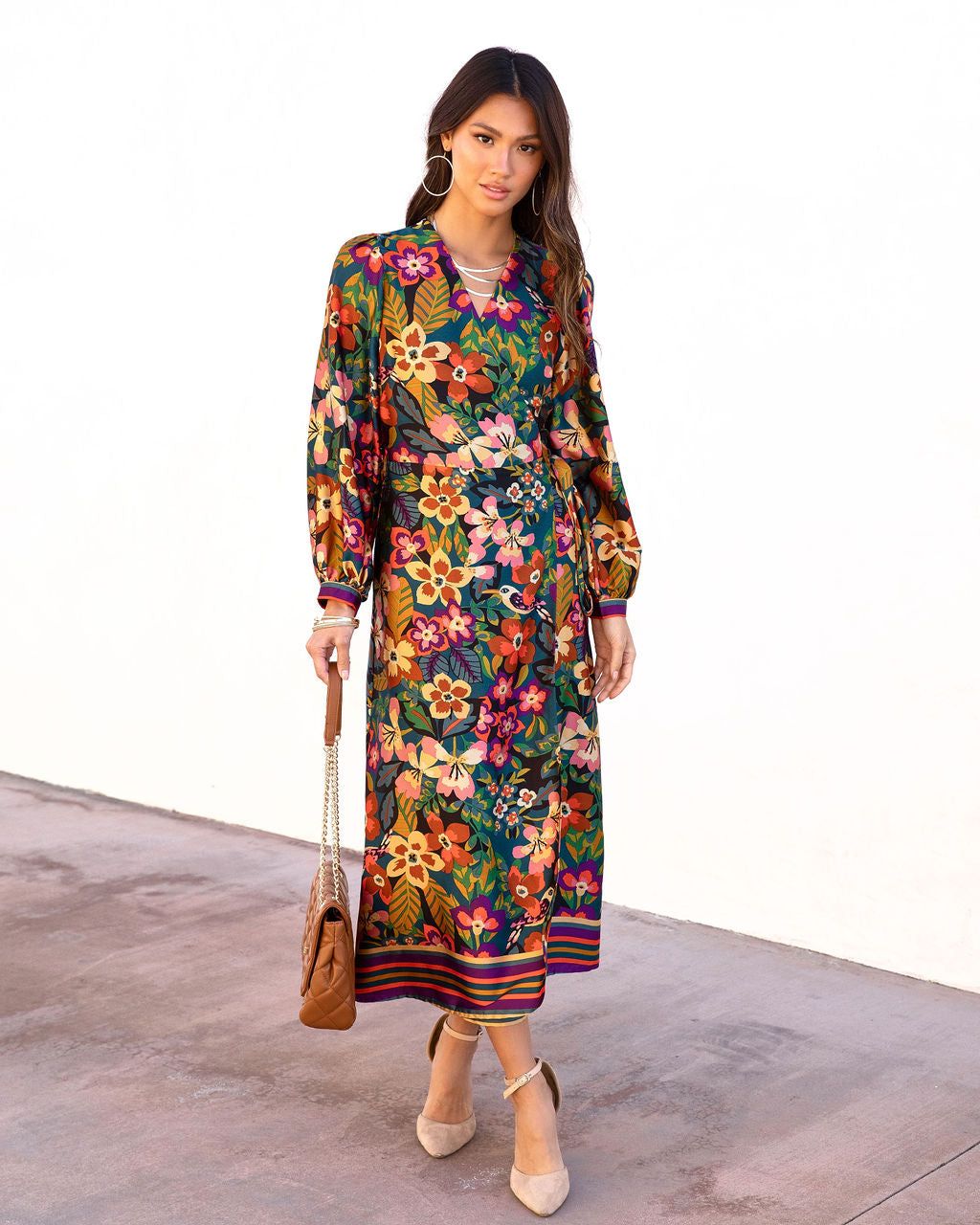 Rio Satin Printed Wrap Midi Dress sold by Vici