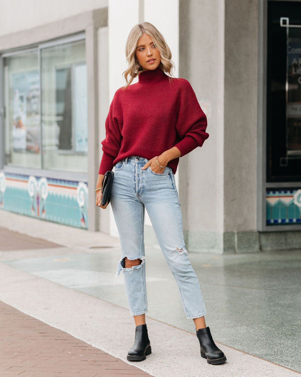 Small Town Mock Neck Knit Sweater - Wine - FINAL SALE sold by Vici product image thumbnail 3