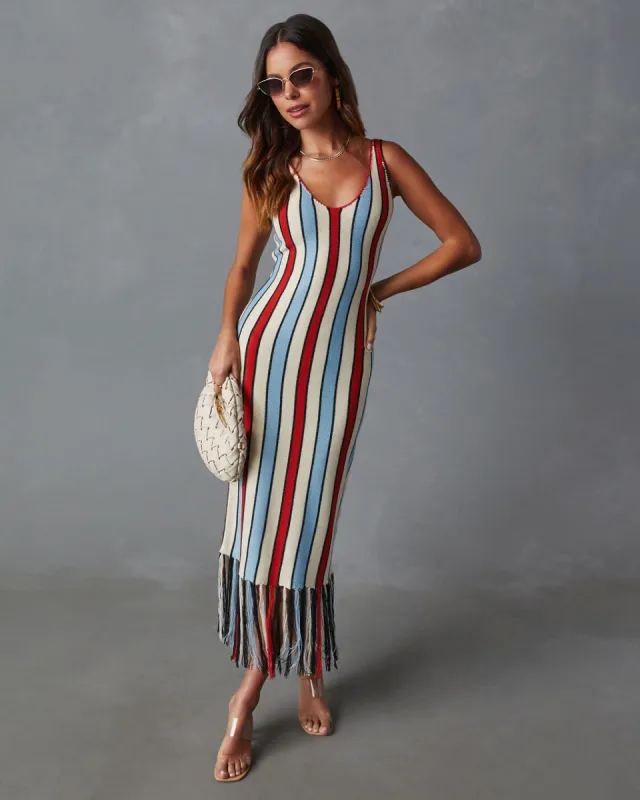 Jane Striped Knit Fringe Midi Dress sold by Vici