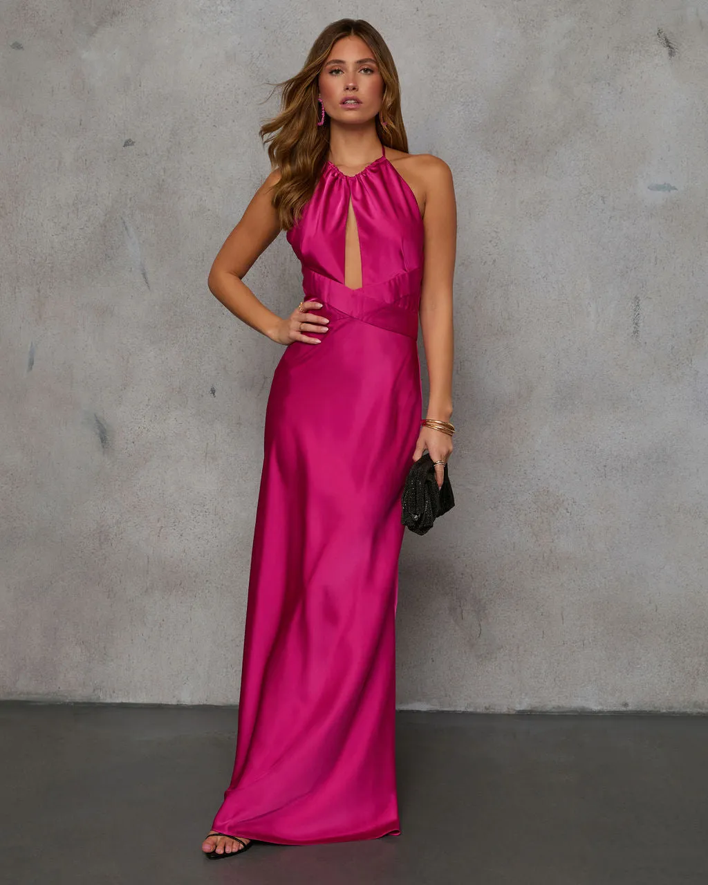 Adelynn Satin Halter Maxi Dress sold by Vici