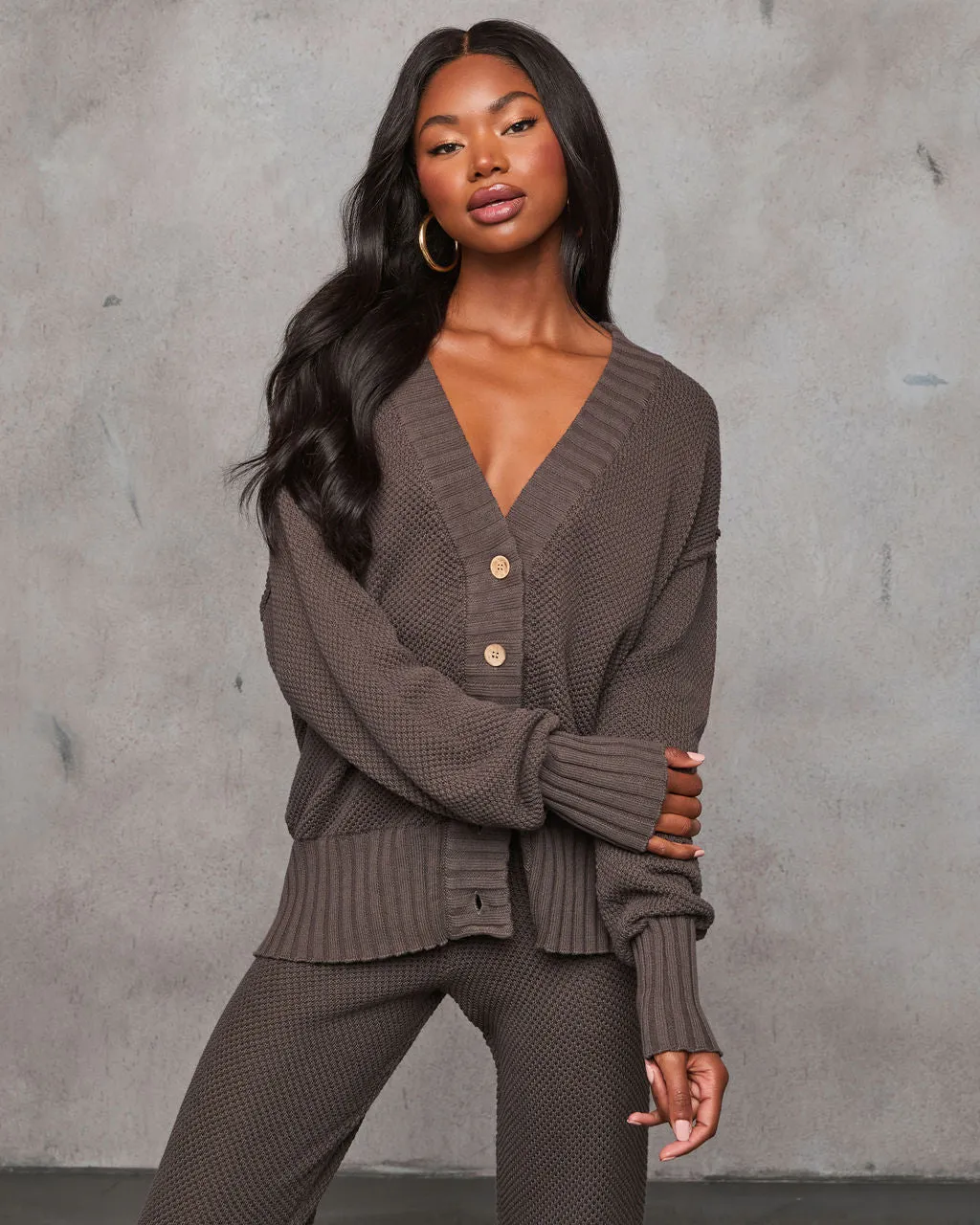 Find The Calm Front Button Textured Knit Cardigan sold by Vici