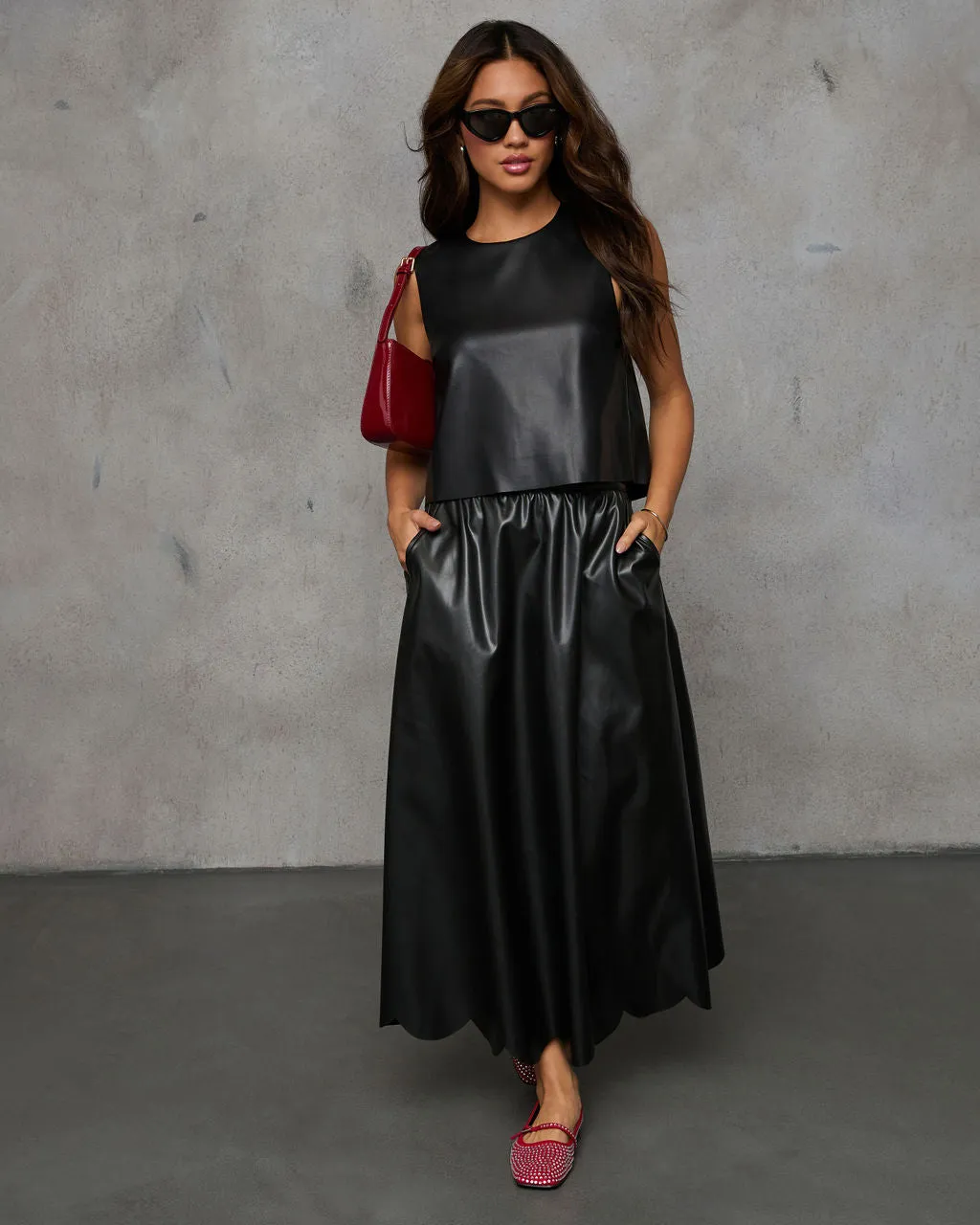 Susana Pleated Leather Midi Skirt sold by Vici product image thumbnail 2