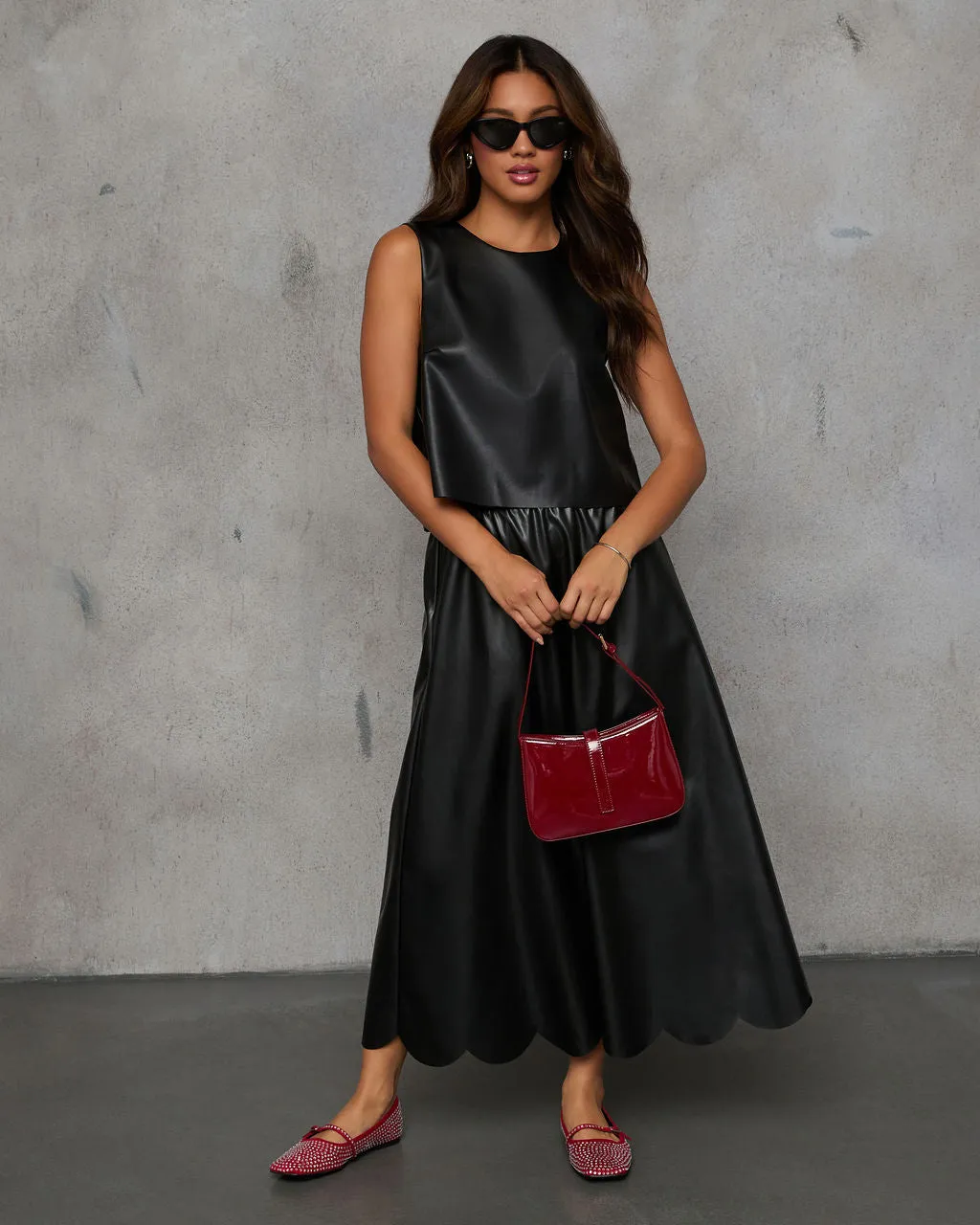 Susana Pleated Leather Midi Skirt sold by Vici product image thumbnail 5