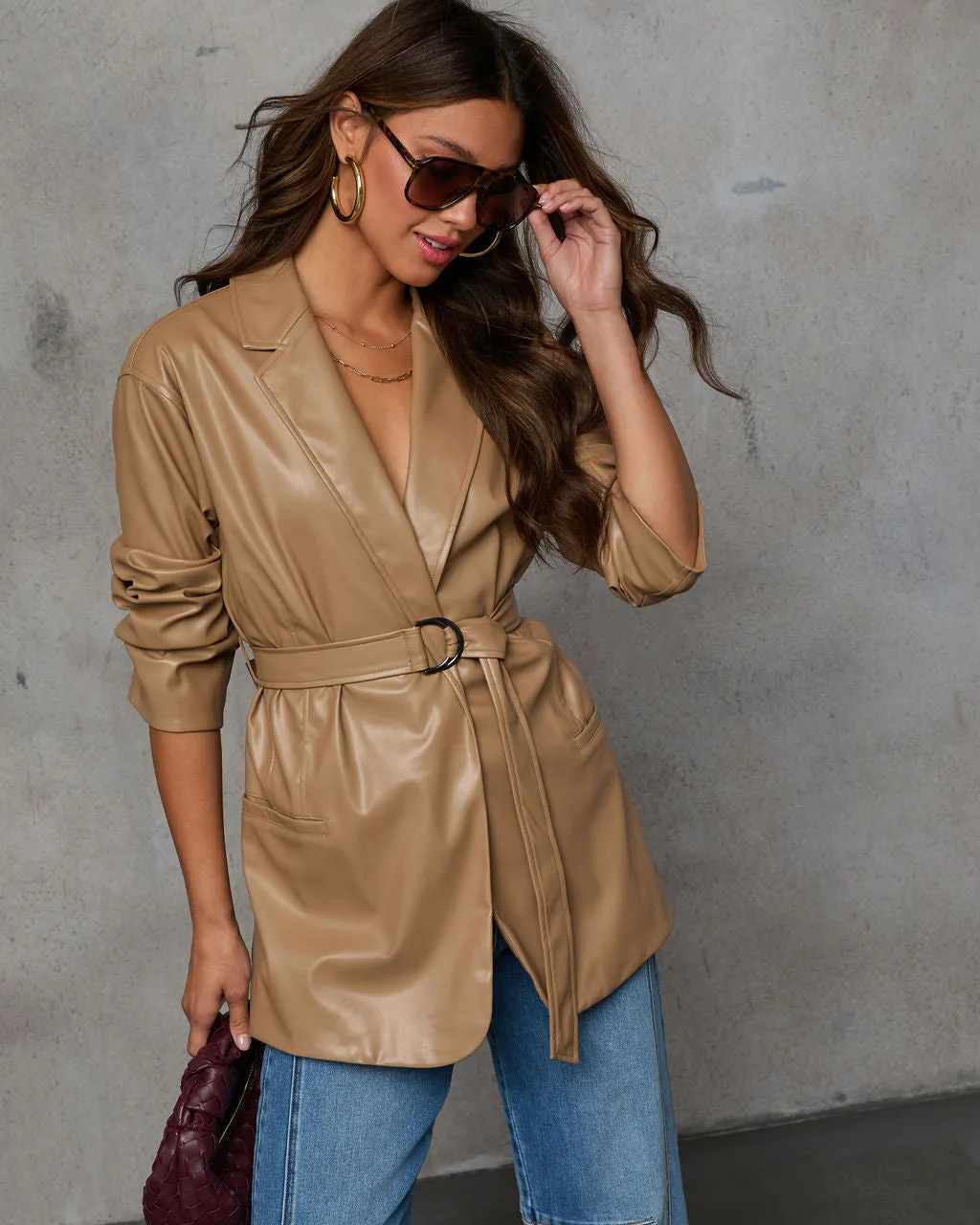 Take Me Out Leather Belted Blazer sold by Vici