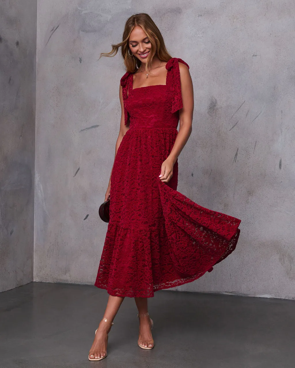 Sway Together Tiered Lace Midi Dress sold by Vici