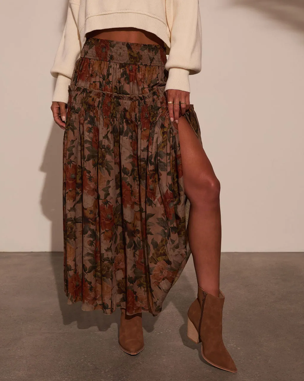 Morning Call Printed Maxi Skirt sold by Vici