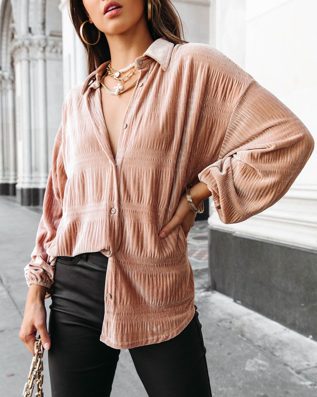 Bette Textured Velvet Button Down Top - Champagne sold by Vici product image thumbnail 5